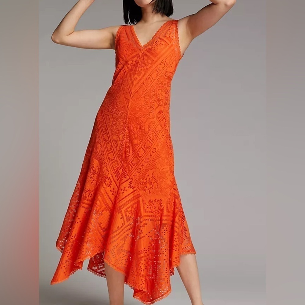 By Anthropologie Naranja Bright Orange Lace Maxi Dress Slip Small Beach Vacation